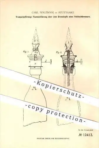 original Patent - Carl Holzboog , Stuttgart , 1880 , Flamme über dem Brennkopf eines Volldochtbrenners , Brenner , Licht