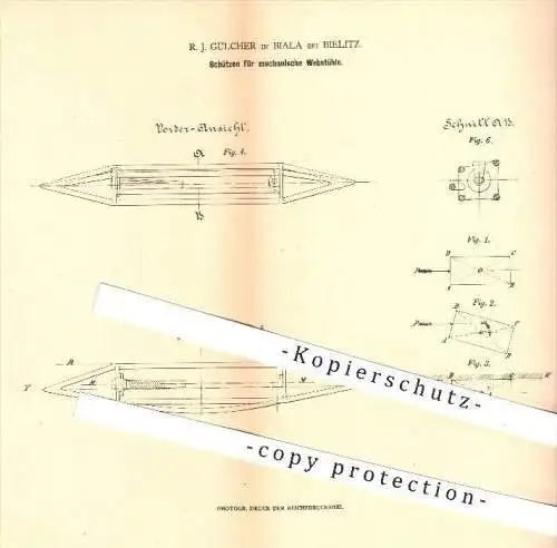 original Patent - R. J. Gülcher , Biala bei Bielitz , 1880, Schützen für mechanischen Webstuhl , Weben , Weberei , Weber