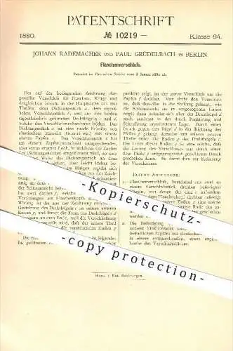 original Patent - Johann Rademacher , Paul Grüdelbach , Berlin , 1880 , Flaschenverschluss , Flasche , Flaschen !!!