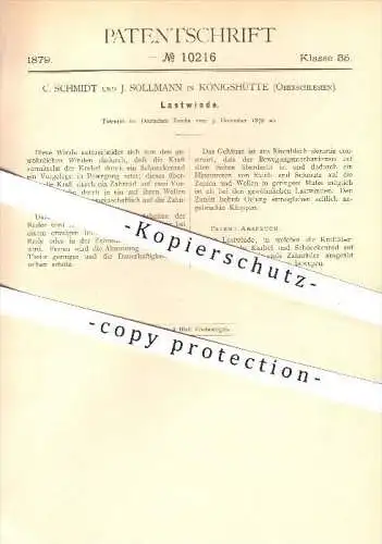 original Patent - C. Schmidt und J. Sollmann in Königshütte , 1879 , Lastwinde , Winde , Schlesien !!!