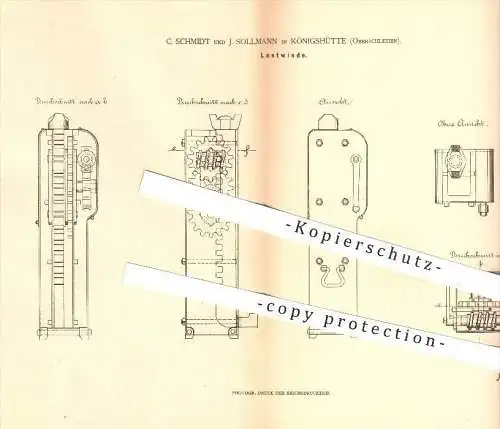 original Patent - C. Schmidt und J. Sollmann in Königshütte , 1879 , Lastwinde , Winde , Schlesien !!!