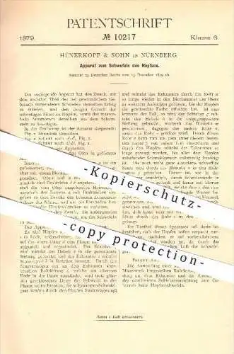 original Patent - Hühnerkopf & Sohn , Nürnberg , 1879 , Schwefeln von Hopfen , Bier , Brauerei , Brauen , Malz , Maische