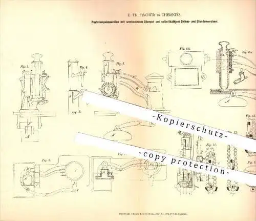 original Patent - E. Th. Fischer in Chemnitz , 1877 , Poststempelmaschine , Post , Stempel , Drucker , Druck , Druckerei