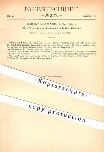 original Patent - Richard Auffm Ordt , Schwelm , 1877 , Stiefelsohle mit Nieten , Stiefel , Schuhe , Schuster , Sohle !!