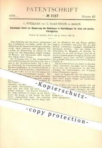 original Patent - L. Putzrath u. G. Warttinger , Berlin , 1878 , Schwimmer - Ventil für Rohrleitungen , Wasserleitung !!