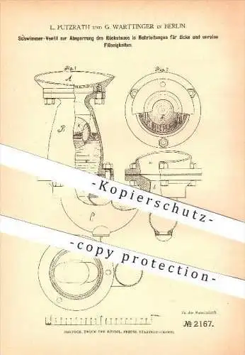 original Patent - L. Putzrath u. G. Warttinger , Berlin , 1878 , Schwimmer - Ventil für Rohrleitungen , Wasserleitung !!