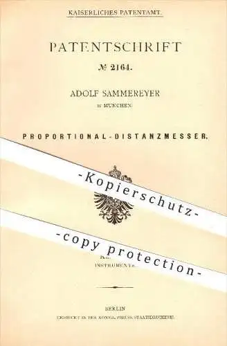 original Patent - Adolf Sammereyer in München , 1877 , Proportional - Distanzmesser , Distanz , Fernrohr , Entfernung !!