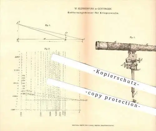 original Patent - W. Klinkerfues in Göttingen , 1877 , Entfernungsmeser für Kriegszwecke , Fernrohr , Optik , Krieg !