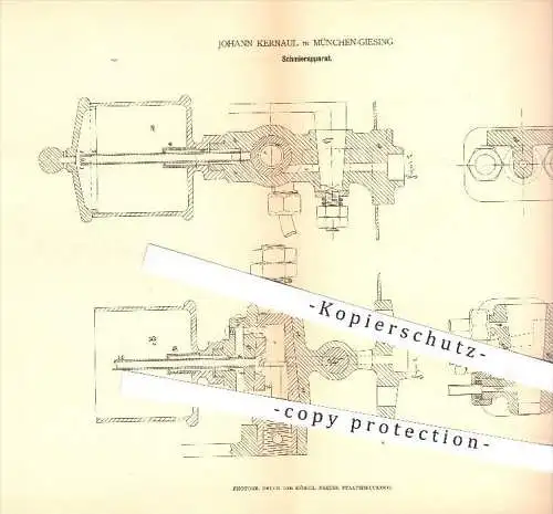 original Patent - Johann Kernaul in München-Giesing , 1878 , Schmierapparat , Lokomotive , Eisenbahn , Dampfmaschinen !!