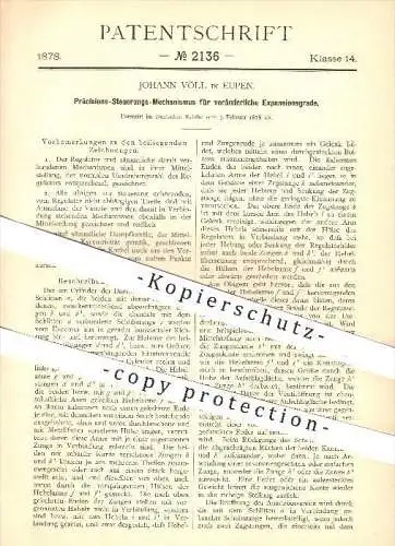 original Patent - Johann Völl in Eupen , 1878 , Steuerungs für Expansionsgrade , Dampfmaschinen , Dampf , Regulator !!!