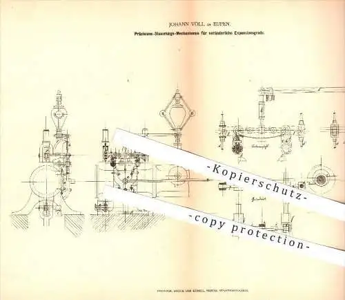 original Patent - Johann Völl in Eupen , 1878 , Steuerungs für Expansionsgrade , Dampfmaschinen , Dampf , Regulator !!!