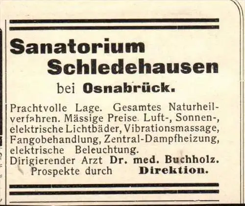 original Werbung - 1906 - Sanatorium Schledehausen / Bissendorf b. Osnabrück , Dr. med. Buchholz !!!