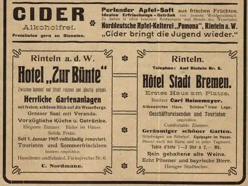 original Werbung - 1906 - Rinteln a.d. Weser , Hotel , Restaurant m Cider , C. Heinemeyer , C. Nordmann !!!