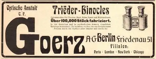 original Werbung - 1906 - C.P. Goerz in Berlin Friedenau , Binocles , Fernglas !!!