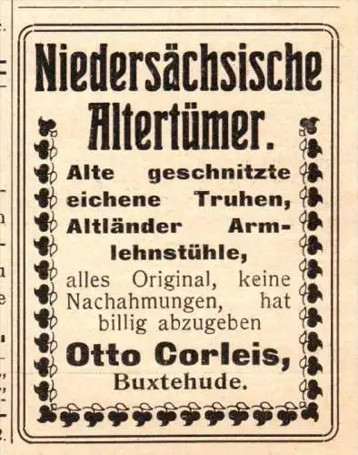 original Werbung - 1906 - Niedersächsische Altertümer , Otto Corleis in Buxtehude , Antik , Antiquitäten !!!