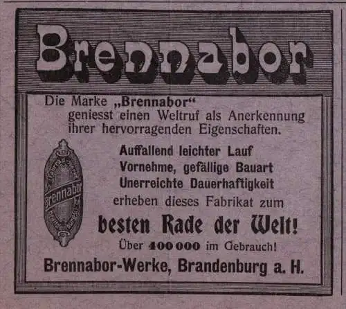 original Werbung - 1906 - Brennabor - Werke in Brandenburg a.H. , Fahrrad , Fahrräder !!!