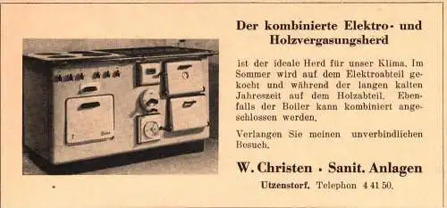 original Werbung - 1947 - W. Christen in Utzenstorf , Holzvergasungsherd !!!