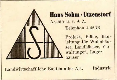 original Werbung - 1947 - Hans Sohn in Utzenstorf , Architekt , Architektur !!!