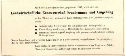 original Werbung - 1947 - Landwirtschaftliche Genossenschaft in Fraubrunnen , Landwirtschaft , Agrar !!!