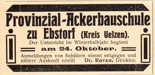 original Werbung - 1905 - Ackerbauschule zu Ebstorf , Kreis Uelzen , Dr. Raven !!!