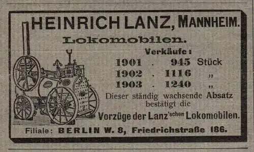 original Werbung - 1905 - Heinrich Lanz Locomobile , Mannheim , Landwirtschaft !!!