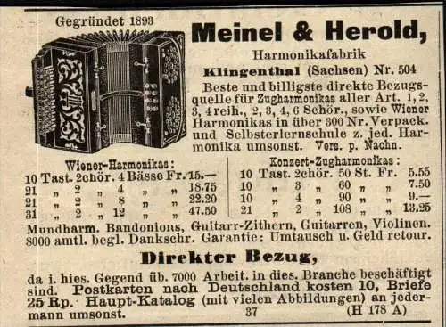 original Werbung - 1911 - Meinel & Herold , Harmonika-Fabrik in Klingenthal i.S. !!!