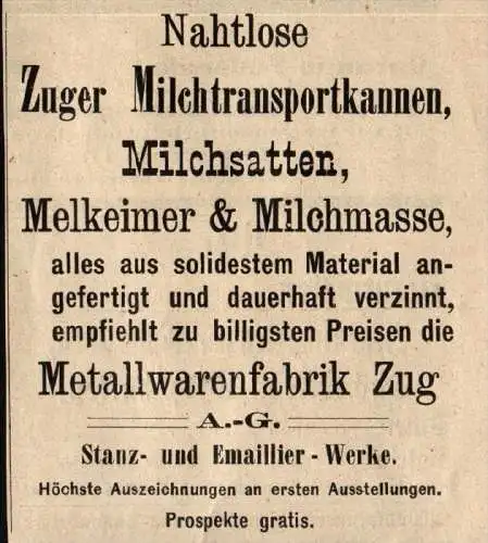 original Werbung - 1911 - Metallwarenfabrik in Zug !!!