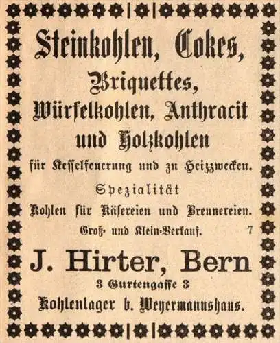 original Werbung - 1911 - J. Hirter in Bern , Kohlenlager , Steinkohle !!!