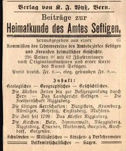 original Werbung - 1911 - Heimatkunde des Amtes Seftigen  !!!