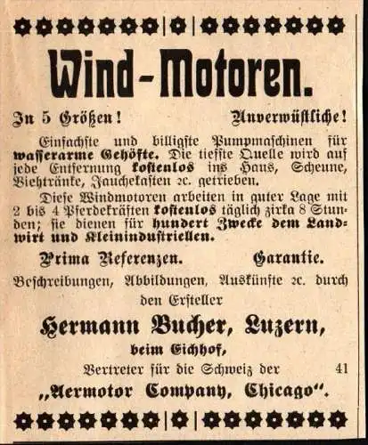 original Werbung - 1911 - Windmotoren , Hermann Bucher in Luzern , Eichhof , Windräder  !!!