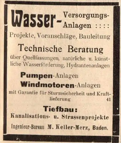 original Werbung - 1911 -  Wasserversorgung , M. Keller-Merz in Baden , Tiefbau , Hydranten !!!