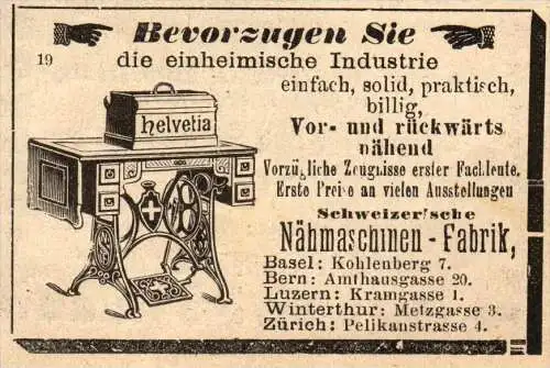 original Werbung - 1911 -  Nähmaschinenfabrik , Helvetia , Basel , Bern , Luzernn , Winterthur  !!!