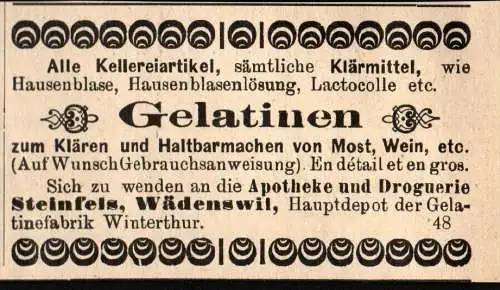 original Werbung - 1911 - Steinfels , Wädenswil , Gelatine für Most und Wein  !!!