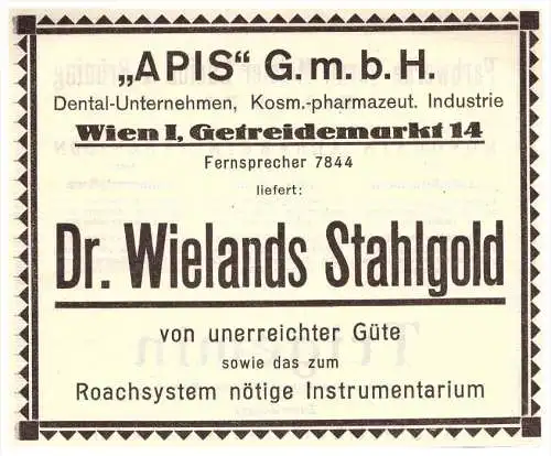 original Werbung - 1924 - Dr. Wieland Stahlgold in Wien , Zahnarzt , Dermatologe , Stomatologe , Zähne !!!