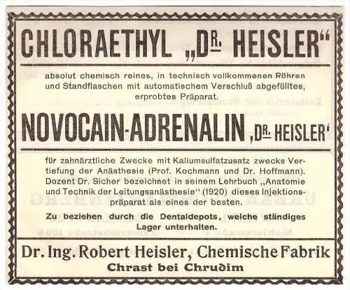 original Werbung - 1924 - Dr. Heisler in Chras b. Chrudim , Zahnarzt , Apotheke , Dermatologe , Stomatologe , Zähne !!!