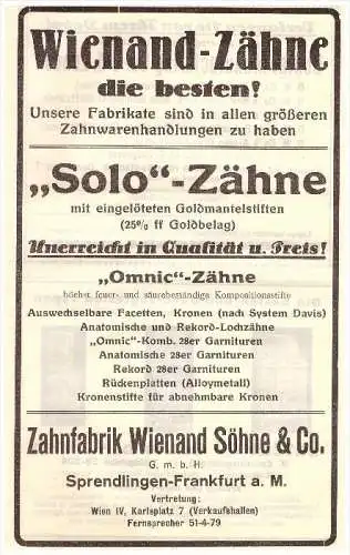 original Werbung - 1924 - Zahnfabrik Wienand & Co in Sprendlingen-Frankfurt , Zahnarzt , Dermatologe , Stomatologe