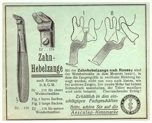 original Werbung - 1924 - Hebelzange für Zahnarzt , Aesculap , nach Roussy , Stomatologe , Zähne !!!