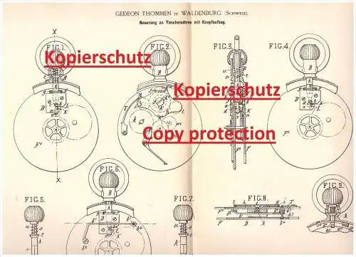 Original Patentschrift - Gedeon Thommen in Waldenburg , Schweiz , 1889 , Taschenuhr mit Aufzug , Uhren , Uhrmacher !!!