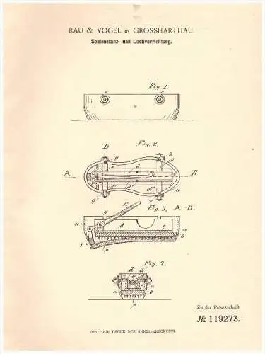 Original Patent - Rau & Vogel Großhartau i. Sachsen ,1900, Stanzvorrichtung für Sohlen , Schuhmacher , Schuster , Schuhe