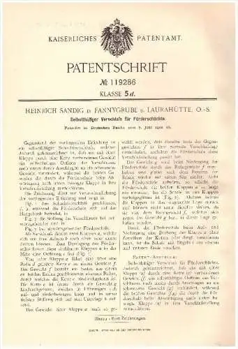 Original Patent - Heinrich Sandig in Fannygrube b. Laurahütte / Huta Laura ,1900 , Verschluß für Förderschacht , Bergbau