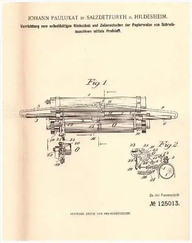 Original Patent - Johann Paulukat in Bad Salzdetfurth , 1901 , Schreibmaschine mit Preßluft , Hildesheim !!!