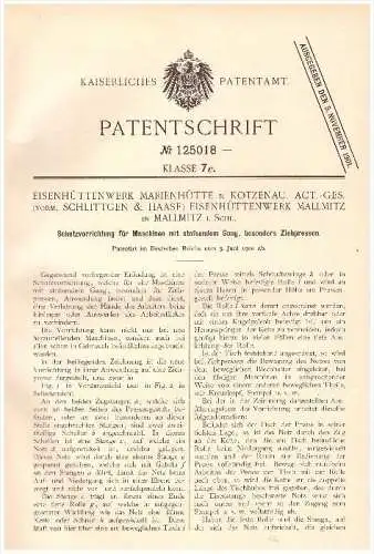 Original Patent - Eisenhüttenwerk Marienhütte b. Kotzenau ,1900, Schlittgen & Haase in Mallmitz i. Schlesien , Malomice