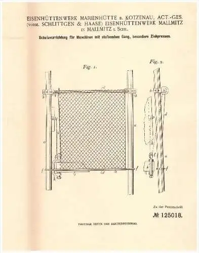 Original Patent - Eisenhüttenwerk Marienhütte b. Kotzenau ,1900, Schlittgen & Haase in Mallmitz i. Schlesien , Malomice