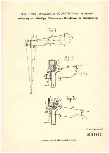 Original Patent - Napoléon Drucbert dans Fourmies , Nord , 1884 , Appareil pour métier à tisser , tissage !!!