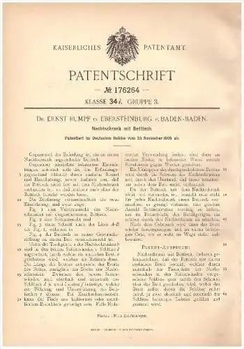 Original Patent - Dr. Ernst Rumpf in Ebersteinburg b. Baden-Baden , 1905, Nachtschrank mit Bettisch , Möbel , Möbelhaus