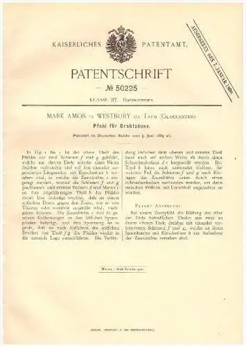 Original Patent -  Mark Amos in Westbury on Trym , 1889 , Stake for wire fences !!!