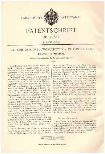 Original Patent -V. Debudaj in Woschczytz b. Pallowitz / Palowice ,1900, Haarwell - Apparat , Dauerwelle , Oberschlesien