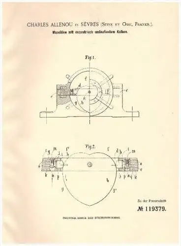 Original Patent - Charles Allenou in Sevres , 1899 , Machine avec piston excentrique , Seine et Oise !!!