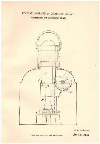 Original Patent -  Eduard Werner in Drammen , Norwegen , 1900 , Laterne für Schiffe , Schiffahrt , Schiff !!!