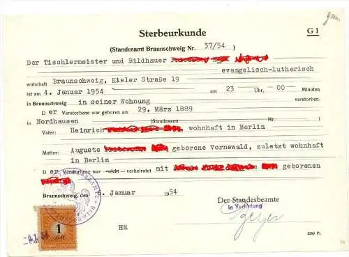 Bildhauer Rode Braunschweig 1954 , Sterbeurkunde , Tischlerei , Gebührenmarke , A. Vornewald in Berlin , Standesamt !!!